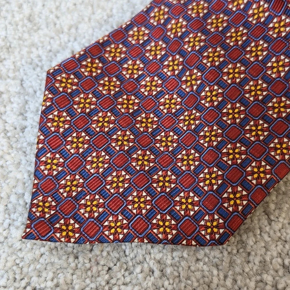 Hickey Freeman Collection Silk Tie Red Blue Geometric Medallion Italy NWT 4